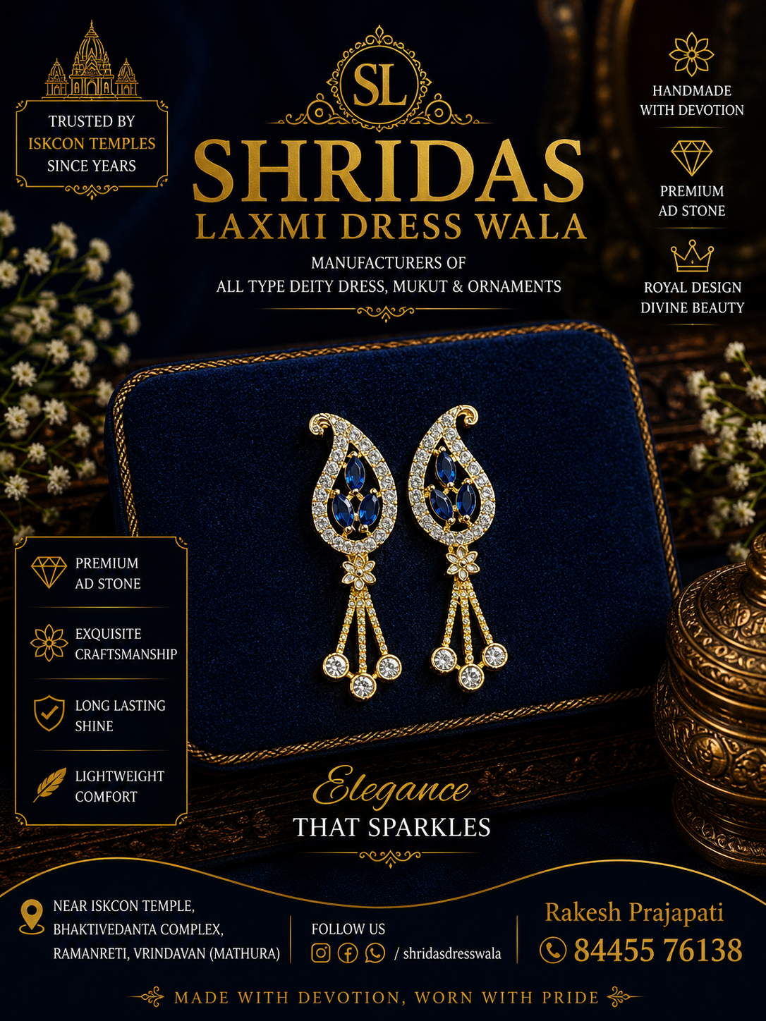 AD Stone Earrings Golden Blue