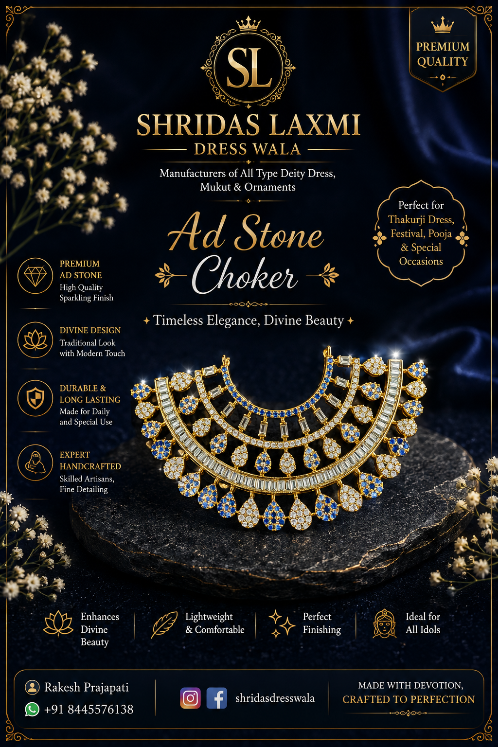 AD Stone Choker Silver Blue